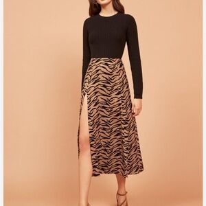 Reformation Zoe Brown and Black Animal Print Skirt with slit